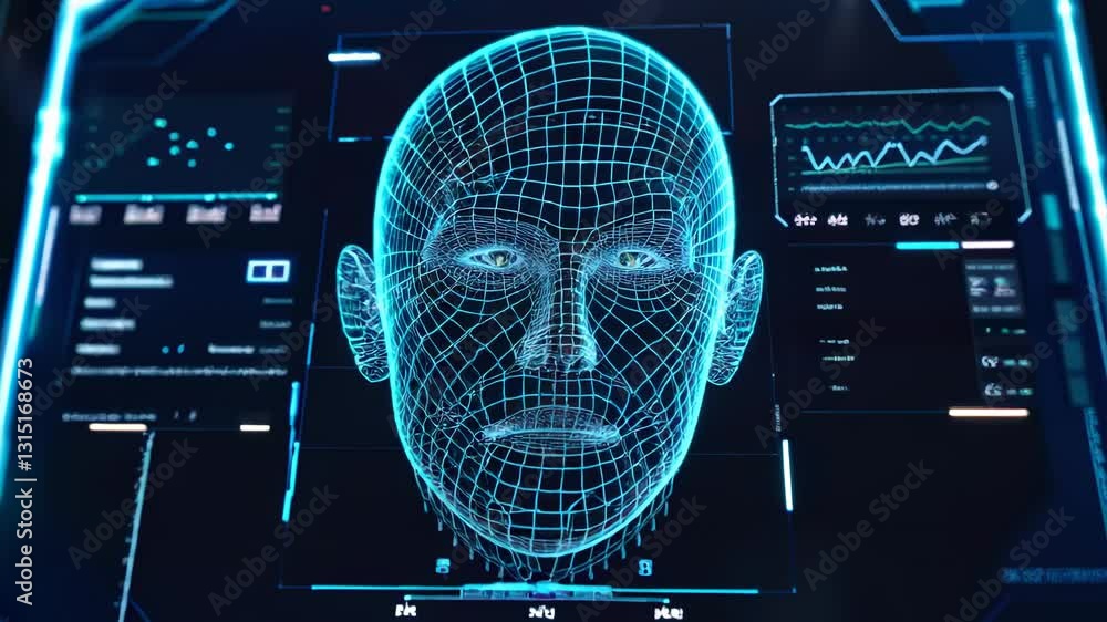 Facial recognition technology, person face with data of AI biometric ...