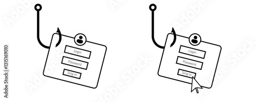 Two login forms attached to hooks highlight a phishing threat, showing the risk of data theft.