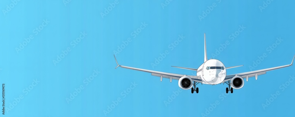 Naklejka premium A white passenger airplane flies in a bright blue sky