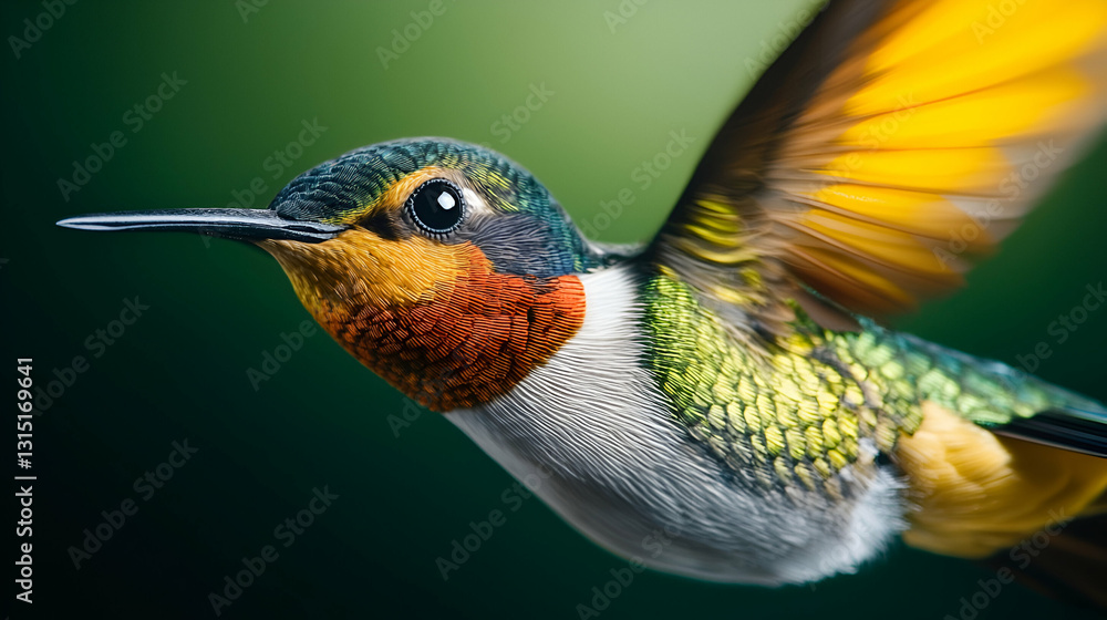 Fototapeta premium A colorful hummingbird in flight with wings spread wide gracefully