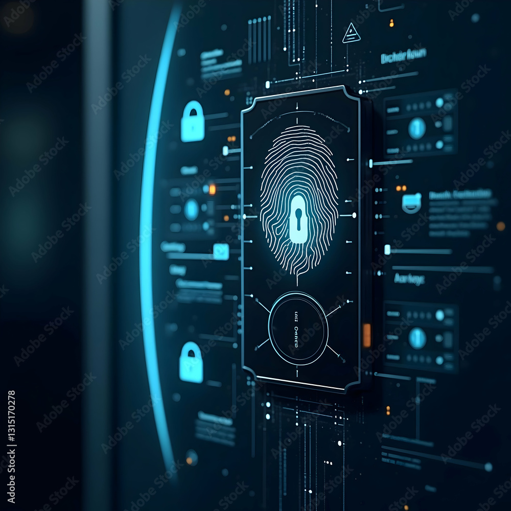 Fototapeta premium High-Tech Security: Neon Blue Cyber Defense with Floating Padlocks and Abstract Network Connections 