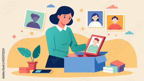 A woman carefully arranges a box of old family photos on a table inviting her friends to sift through and share stories from their past.. Vector illustration