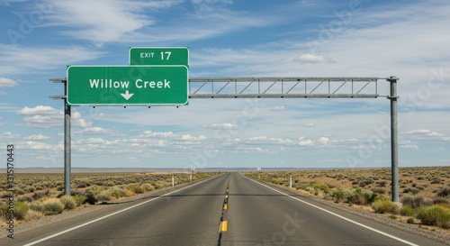 Driving on Highway Towards Willow Creek Exit Under a Blue Sky