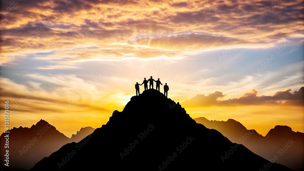 Silhouette of Triumph: A team of determined individuals, standing united atop a mountain peak against a stunning sunset. They represent shared determination and collaborative spirit. Silhouette of Triumph: A team of determined individuals, standing united atop a mountain peak against a stunning sunset. They represent shared determination and collaborative spirit.