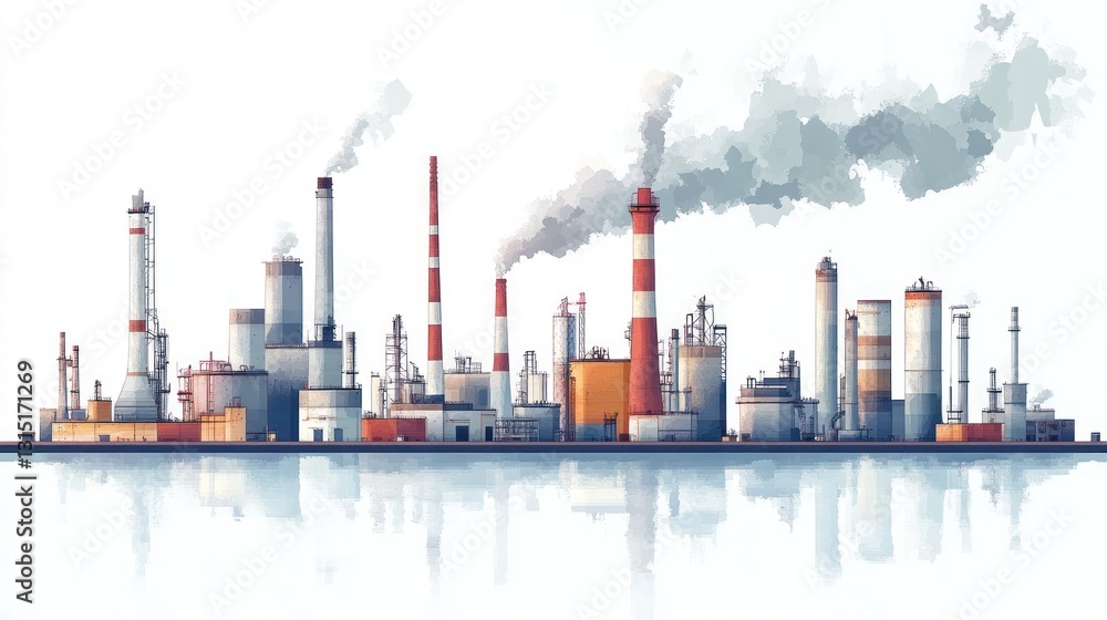 Obraz premium Industrial complex with smokestacks reflecting on water.