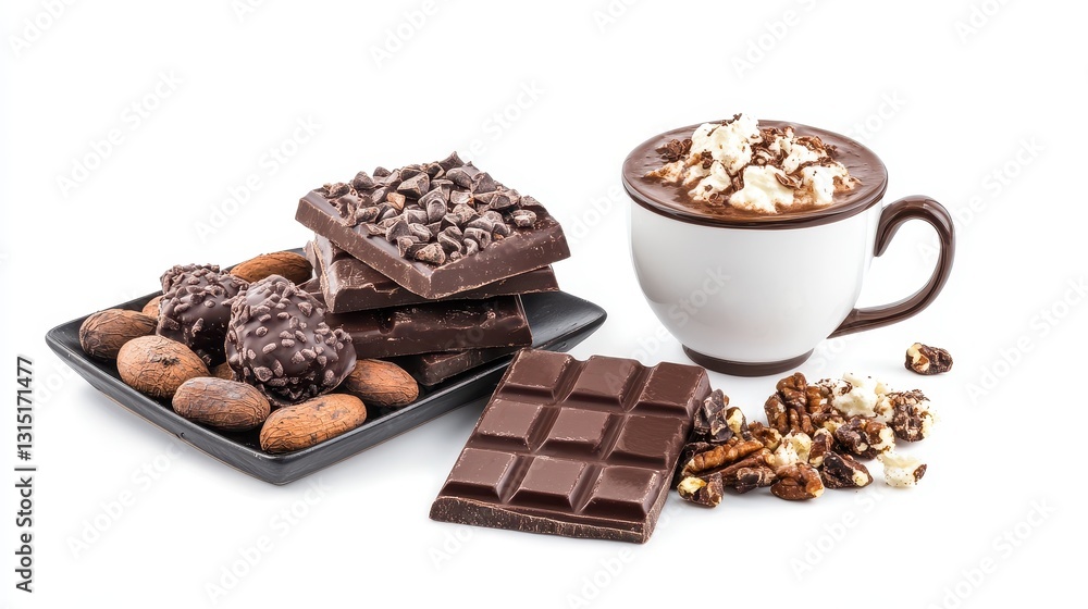 A set of gourmet chocolate bars and a cup of hot cocoa on a white isolated background A set of gourmet chocolate bars and a cup of hot cocoa on a white isolated background