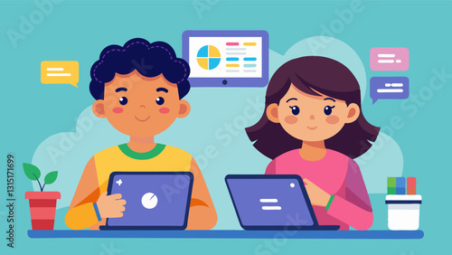 Two siblings working together on coding their own animation on their tablets the screen displaying their progress and creativity.. Vector illustration