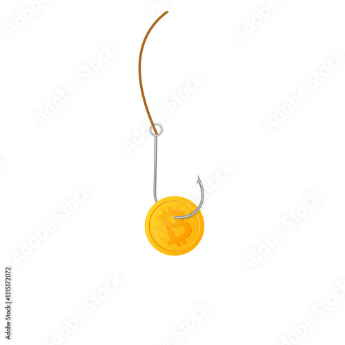 Golden bitcoin coin on a sharp fishing hook implies the potential risks in cryptocurrency investment.