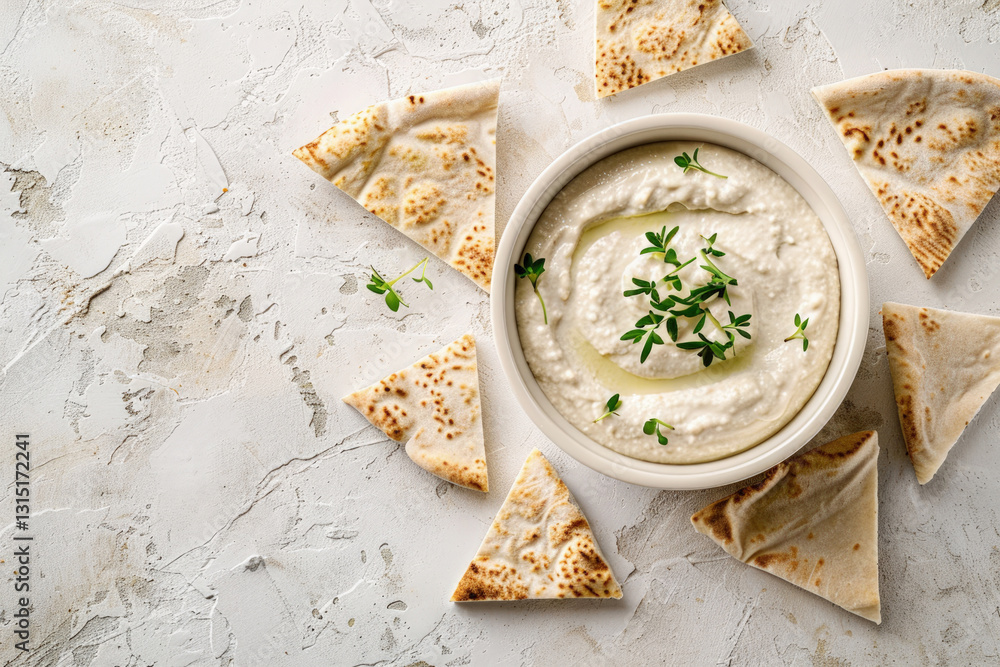 Tahini Dip in Bowl Surrounded by Pita Bread Triangles, Top View Tahini Dip in Bowl Surrounded by Pita Bread Triangles, Top View