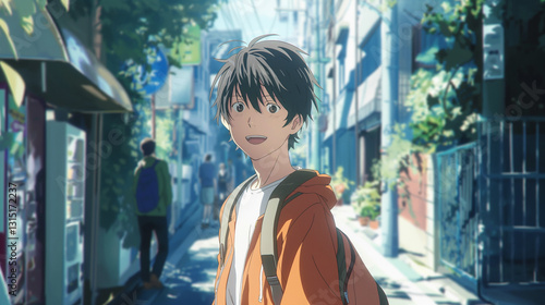 Animated character in sunlit alleyway
