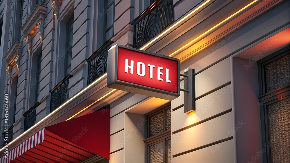 Hotel Sign: Illuminated hotel sign, mounted on a classic building, indicating hospitality, travel, and accommodation in an urban environment. Hotel Sign: Illuminated hotel sign, mounted on a classic building, indicating hospitality, travel, and accommodation in an urban environment.