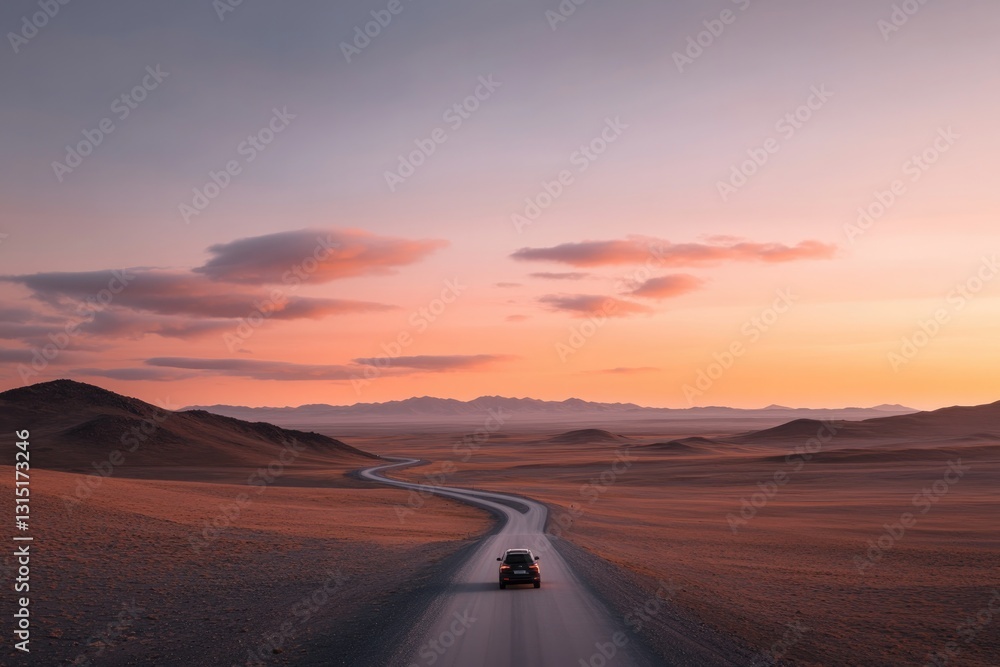Fototapeta premium sunset casts orange hues across endless winding highway as lone car journeys towards horizon beneath vast sky filled