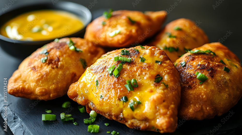Fried dough pockets filled with a spicy mix of chicken and herbs, served with a tangy mustard dipping sauce and garnished with green onions. Fried dough pockets filled with a spicy mix of chicken and herbs, served with a tangy mustard dipping sauce and garnished with green onions.
