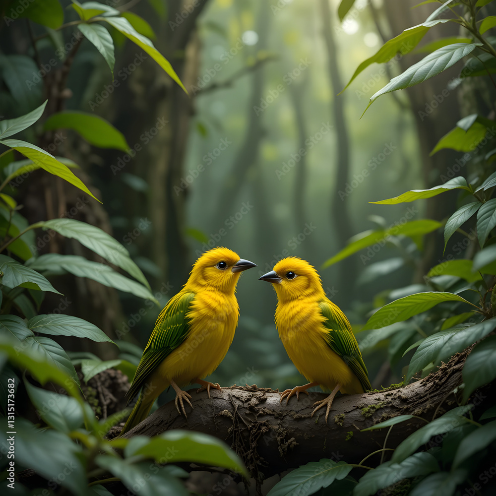 Naklejka premium Golden Bird Couple in Lush Rainforest