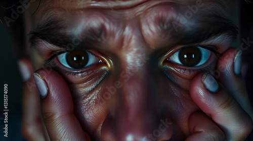 Emotionally distraught man uneasy eyes tell of inner turmoil. Close-up of nervous beginnings of frightened anguish. Allegory to inner emotional turmoil hidden behind everyday facades.