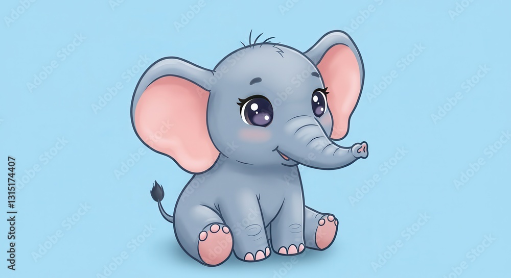 Fototapeta premium Cute Cartoon Elephant Sitting Down Isolated on Light Blue Background