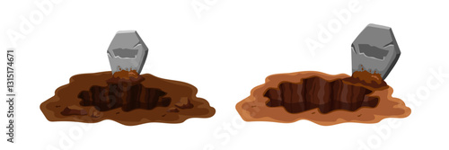 Two open graves side by side show broken tombstones with soil scattered on a white background.