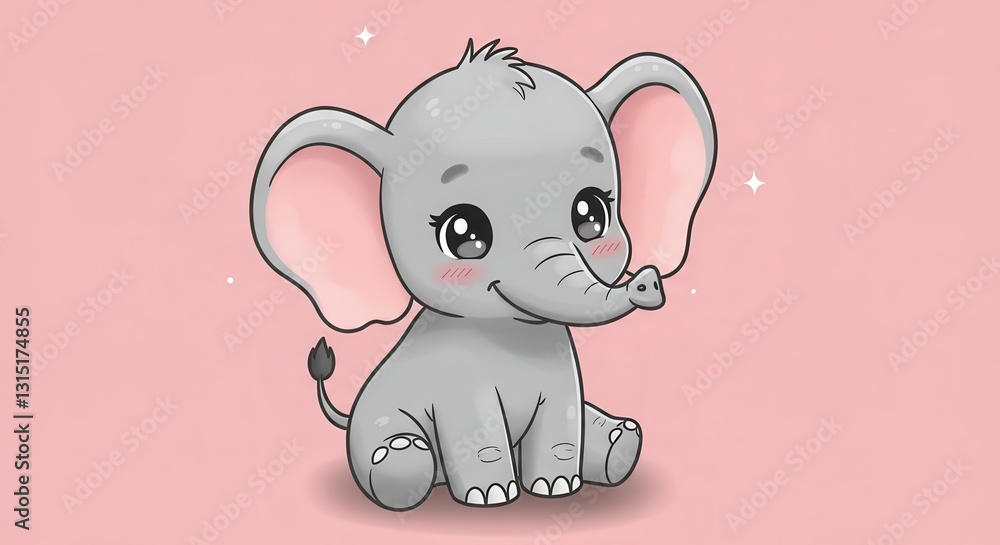 Obraz premium Cute Cartoon Elephant Sitting on Pink Background with Sparkles Illustration