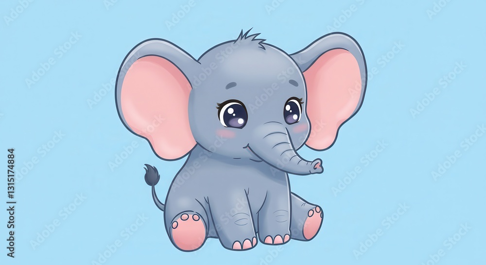 Fototapeta premium Cute Cartoon Elephant Sitting on a Blue Background for Childrens Illustration
