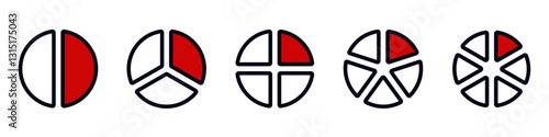 Five circular diagrams displaying diverse data parts in red and white with unique geometric designs.