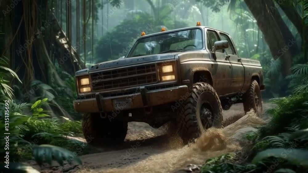 A dirty pickup truck is driving through a jungle. smooth repeating motion for background video animation A dirty pickup truck is driving through a jungle. smooth repeating motion for background video animation