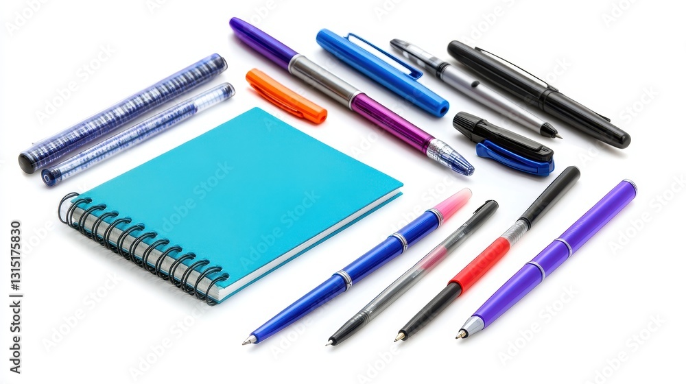 A collection of different colored pens and a notebook on a white isolated background A collection of different colored pens and a notebook on a white isolated background