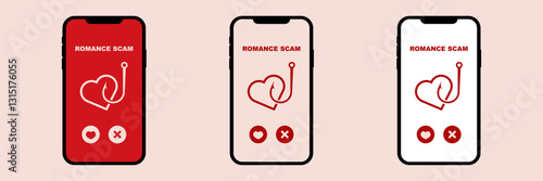 Each smartphone features a heart with a hook and text romance scam, emphasizing online threats.