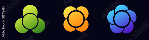 Three abstract flower designs feature vivid colors: green, orange, and blue with circular shapes.
