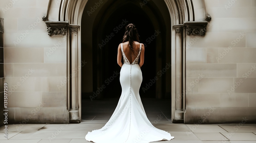 Fototapeta premium Bride in a mermaid-style wedding dress at historic venue entrance