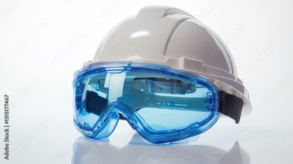 Naklejka premium A close-up of a hard hat and safety goggles on a white isolated background