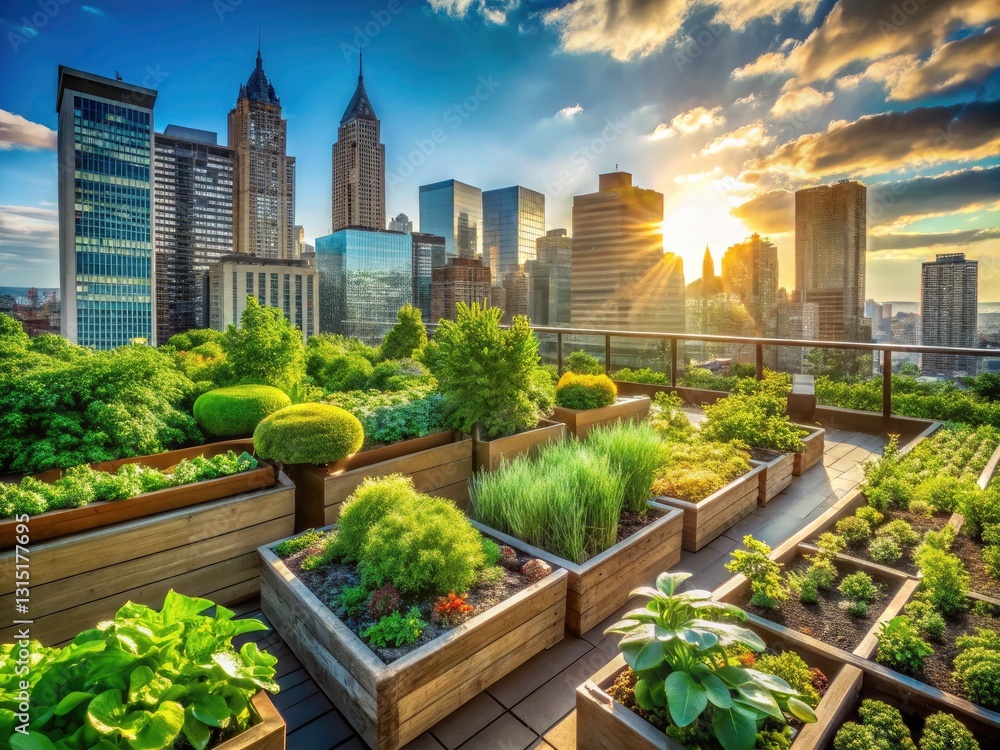 Fototapeta premium Rooftop Garden, Urban Farming, Cityscape, Green Plants, Highrise, Vertical Farming, Sustainable Agriculture, Balcony Garden, Edible Plants, Greenery, Skyline Photography