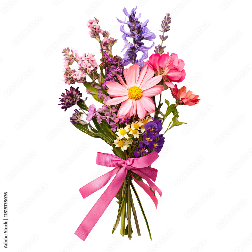 Obraz premium a bouquet of flowers with a pink ribbon