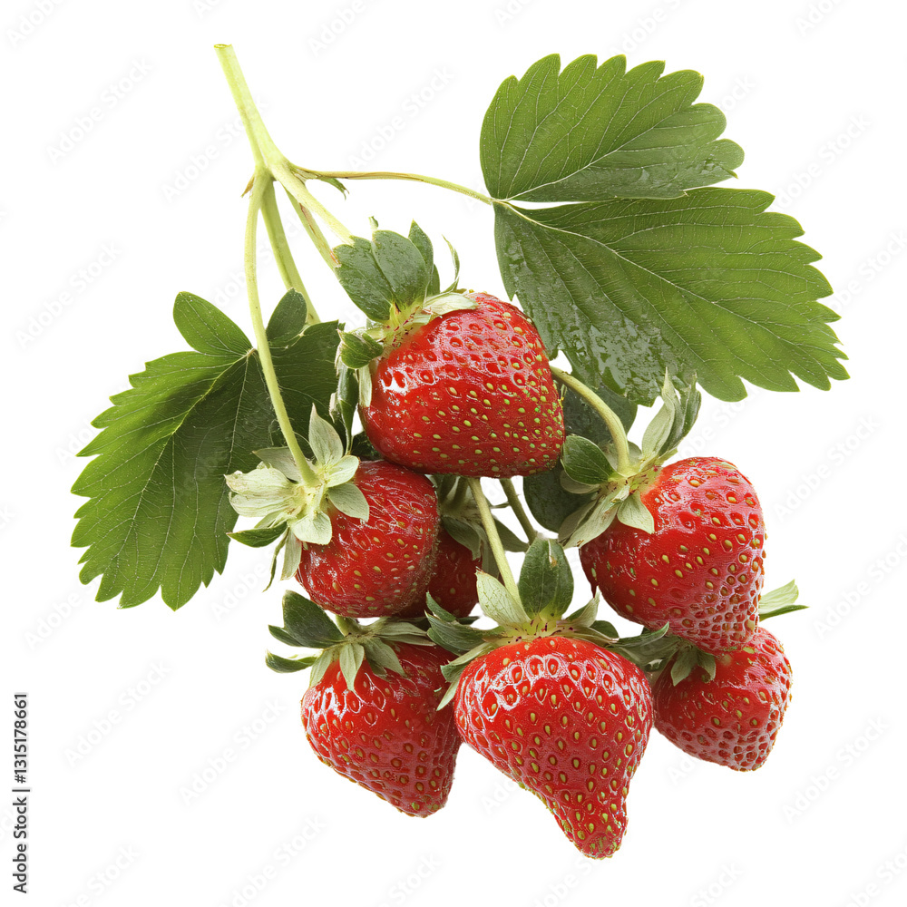 a bunch of strawberries with leaves on a branch a bunch of strawberries with leaves on a branch