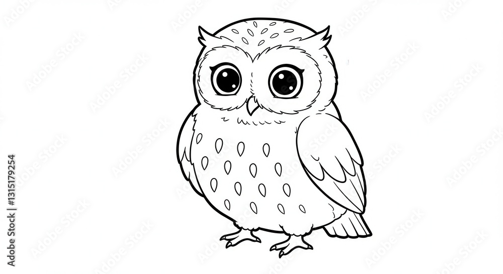 Fototapeta premium Cute Cartoon Owl Standing Black and White Line Art Illustration