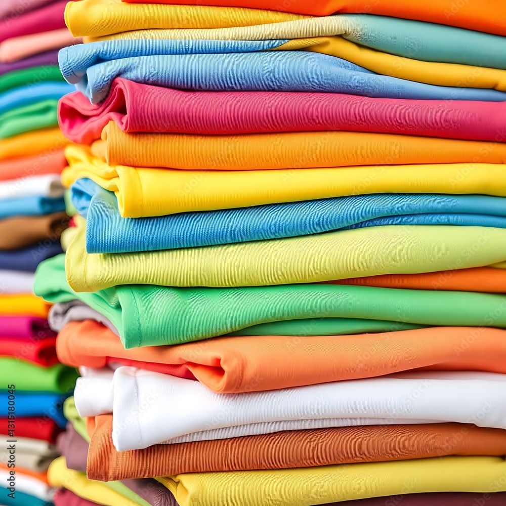 Vibrant stack of folded t-shirts creating a spectrum of colorful textiles Vibrant stack of folded t-shirts creating a spectrum of colorful textiles