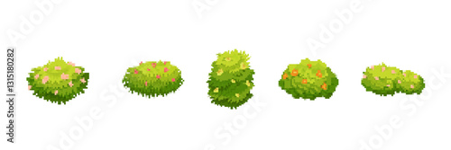 Five pixel art bushes display a variety of green shades and textures, each adorned with flowers.