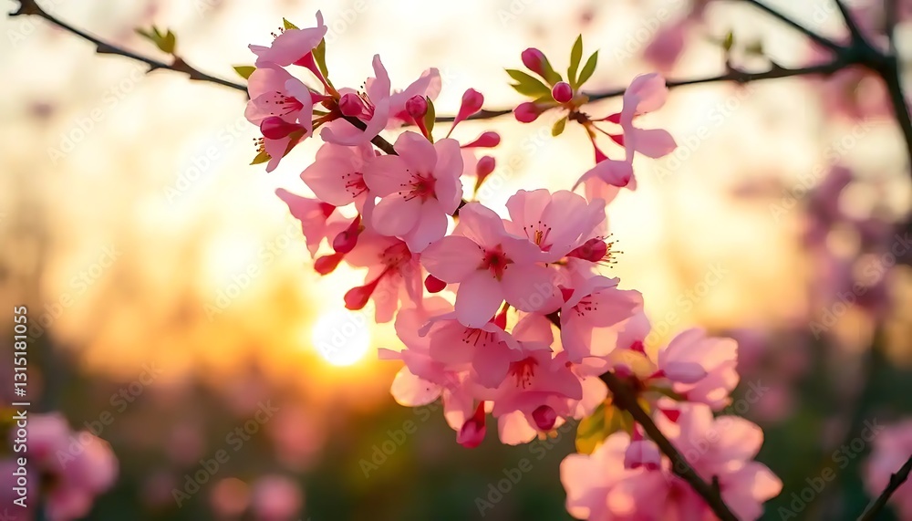 Radiant cherry blossoms bathed in the warm glow of a sunset backdrop Radiant cherry blossoms bathed in the warm glow of a sunset backdrop