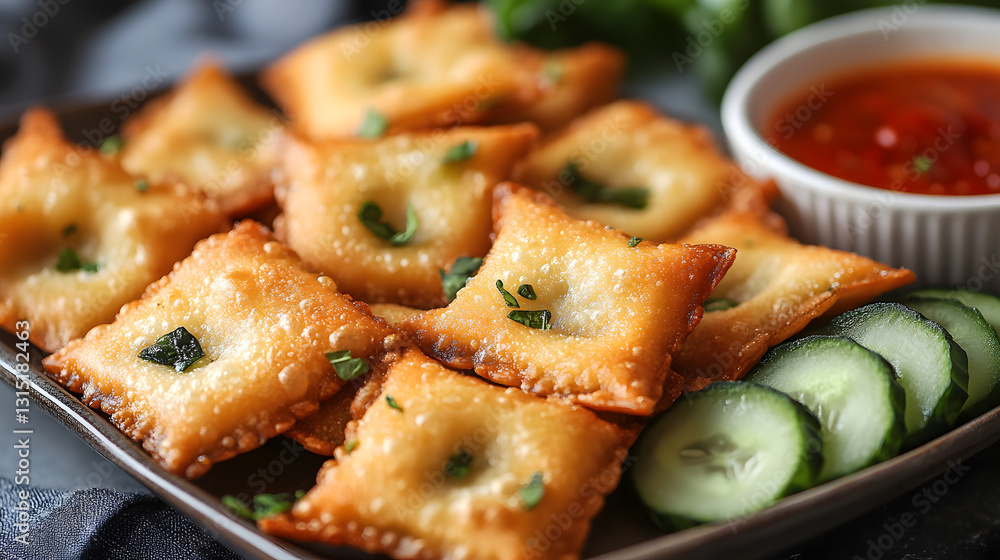 Fried ravioli with ricotta and spinach, served with a sweet chili dipping sauce and a side of fresh cucumber slices.