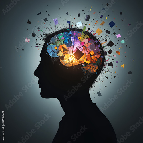 a dark silhouette of a head with an open mind fragmented pieces of colorful light and abstract shapes emerging depicting complex thoughts and subconscious wonders