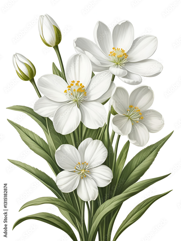Fototapeta premium White spring flowers isolated on a white background. Vintage painting style illustration.