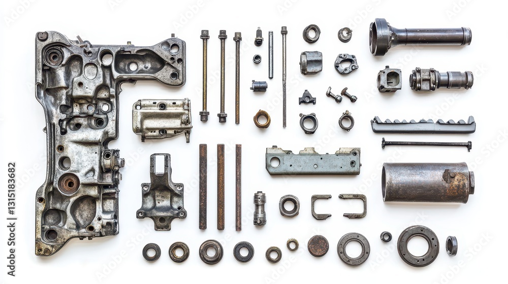 Obraz premium A collection of engine blocks, pistons, and rods on a white isolated background
