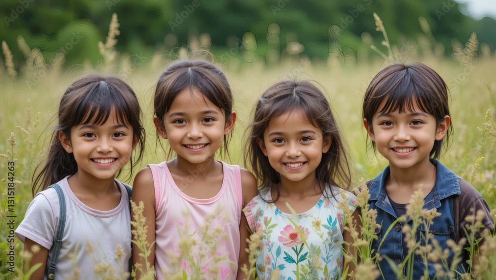 Four children smiling together in a field, showcasing friendship and joy in a natural setting. Four children smiling together in a field, showcasing friendship and joy in a natural setting.