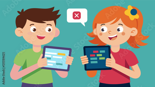 Two siblings excitedly compare their coding creations on their tablets trying to outdo each other with complex algorithms and designs.. Vector illustration