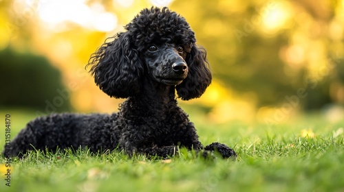 Relaxed black poodle enjoying park grass