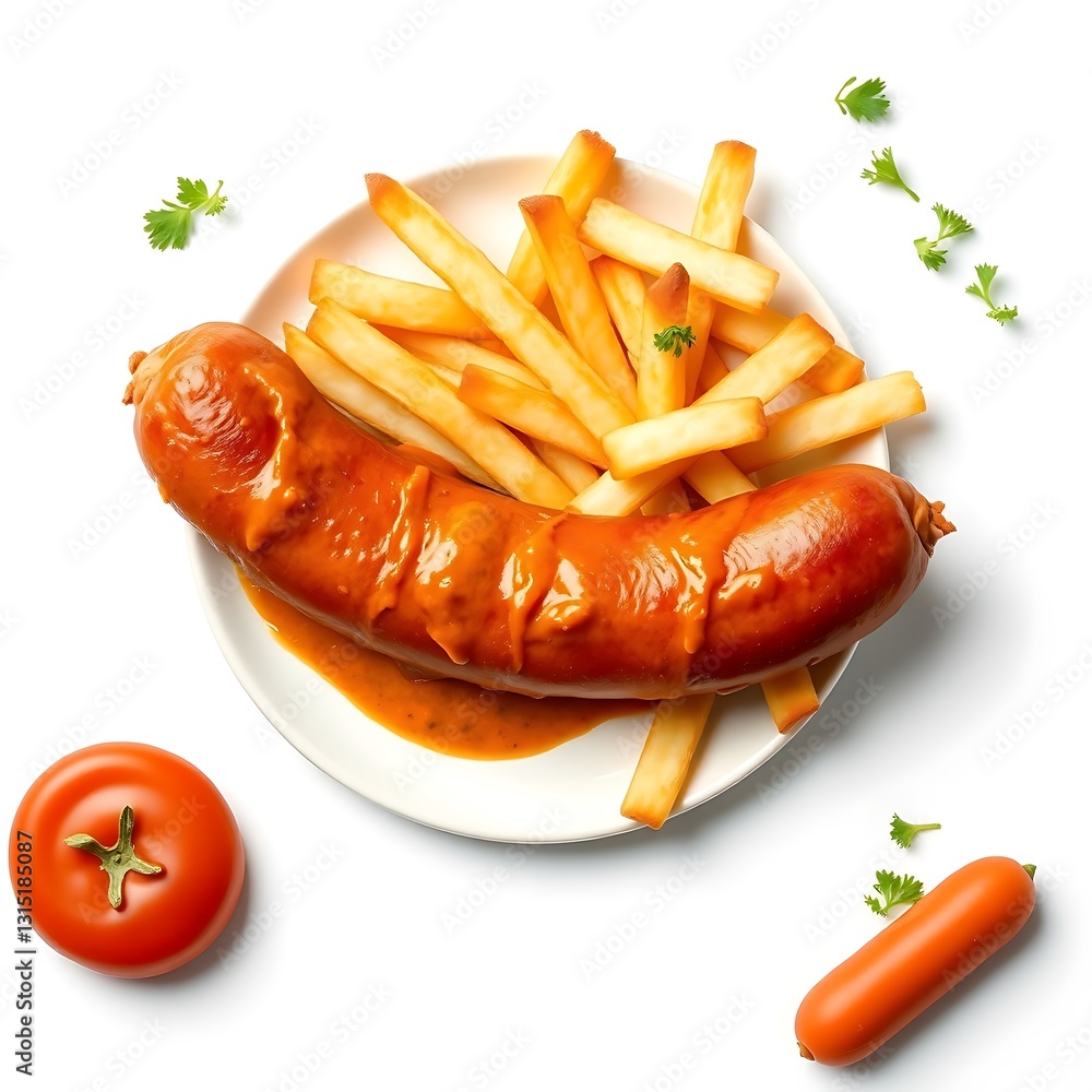 Classic Currywurst with Golden Fries and a Tomato on a Minimalist White Background Classic Currywurst with Golden Fries and a Tomato on a Minimalist White Background