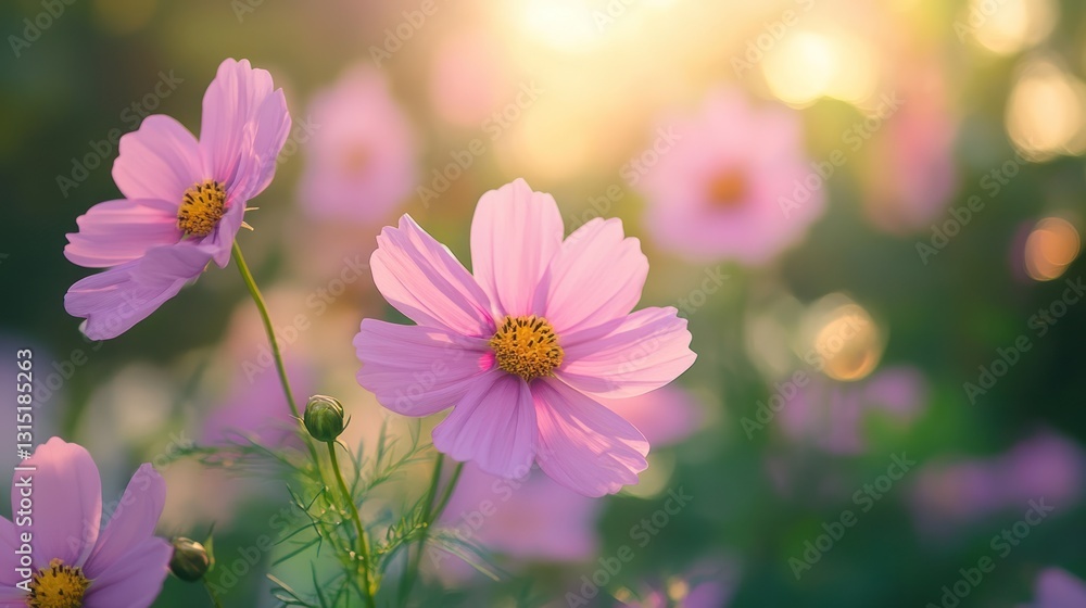 Pink cosmos flowers in sunset light. Pink cosmos flowers in sunset light.