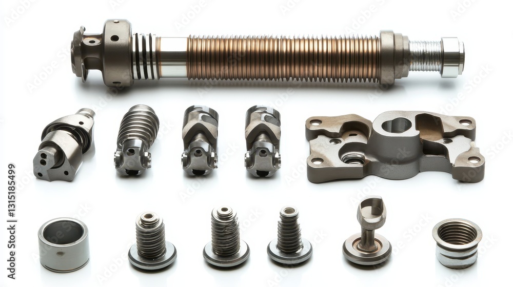 A set of engine components including a valve lifter, camshaft, and rocker arms on a white isolated background A set of engine components including a valve lifter, camshaft, and rocker arms on a white isolated background