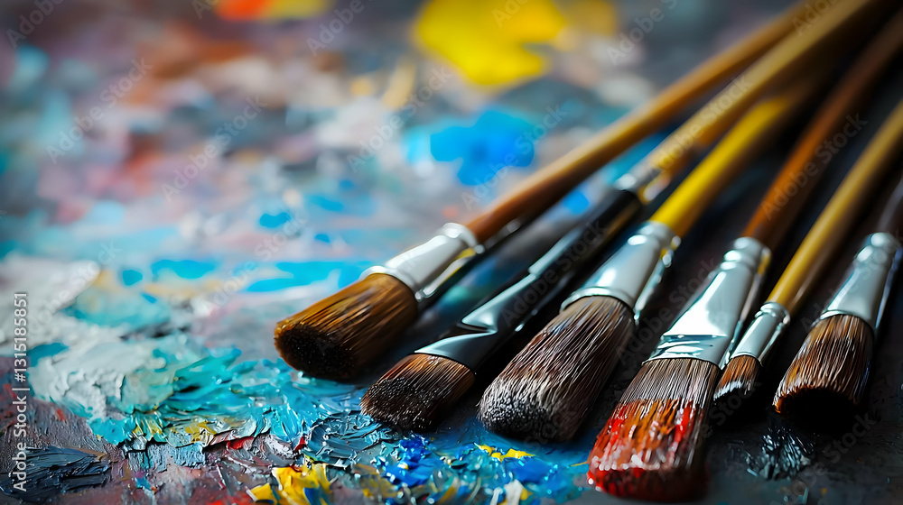 Obraz premium Close Up of Paintbrushes on a Colorful Palette with Vibrant Hues of Oil Paint Messy Texture and Artistic Strokes Ideal for Art and Creative Projects