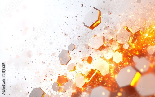 Exploding hexagons, white background, fiery effect, tech design