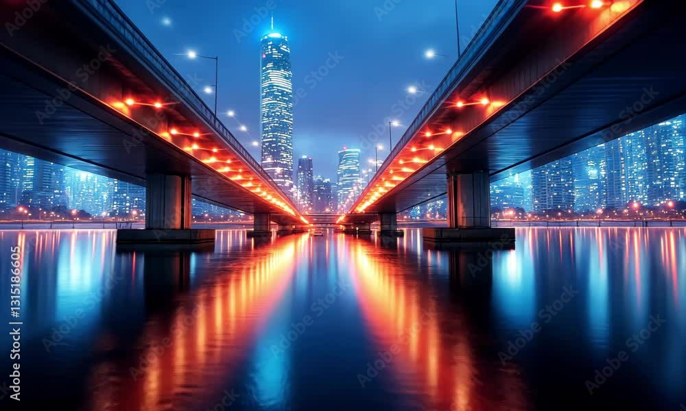Vibrant cityscape at night showcasing illuminated bridge over reflective water with skyscrapers Vibrant cityscape at night showcasing illuminated bridge over reflective water with skyscrapers